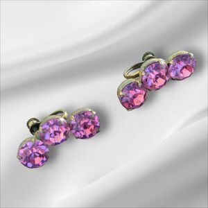 New but Vintage Gold Tone 6 Pink Rhinestones Screw Back  Earrings 1960s Crescent